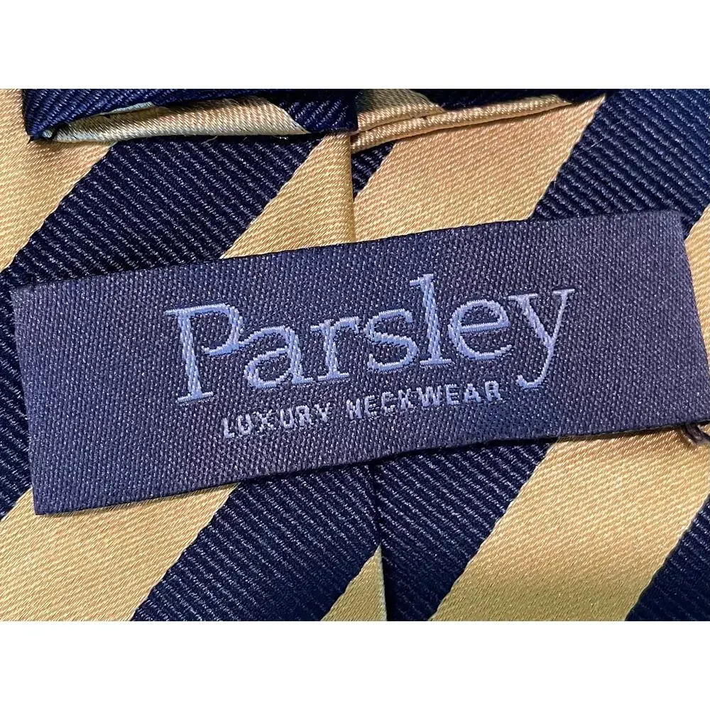 Parsley Luxury Neckwear Yellow Navy Diagonal Striped Silk Tie, 58.5